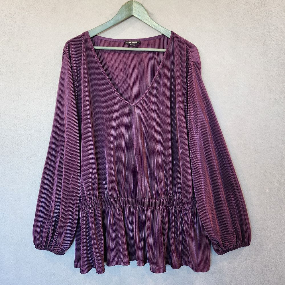 Lane Bryant Pleated Blouse Womens 26/28 V-Neck‎ Blouson Sleeve Peplum Hem Purple